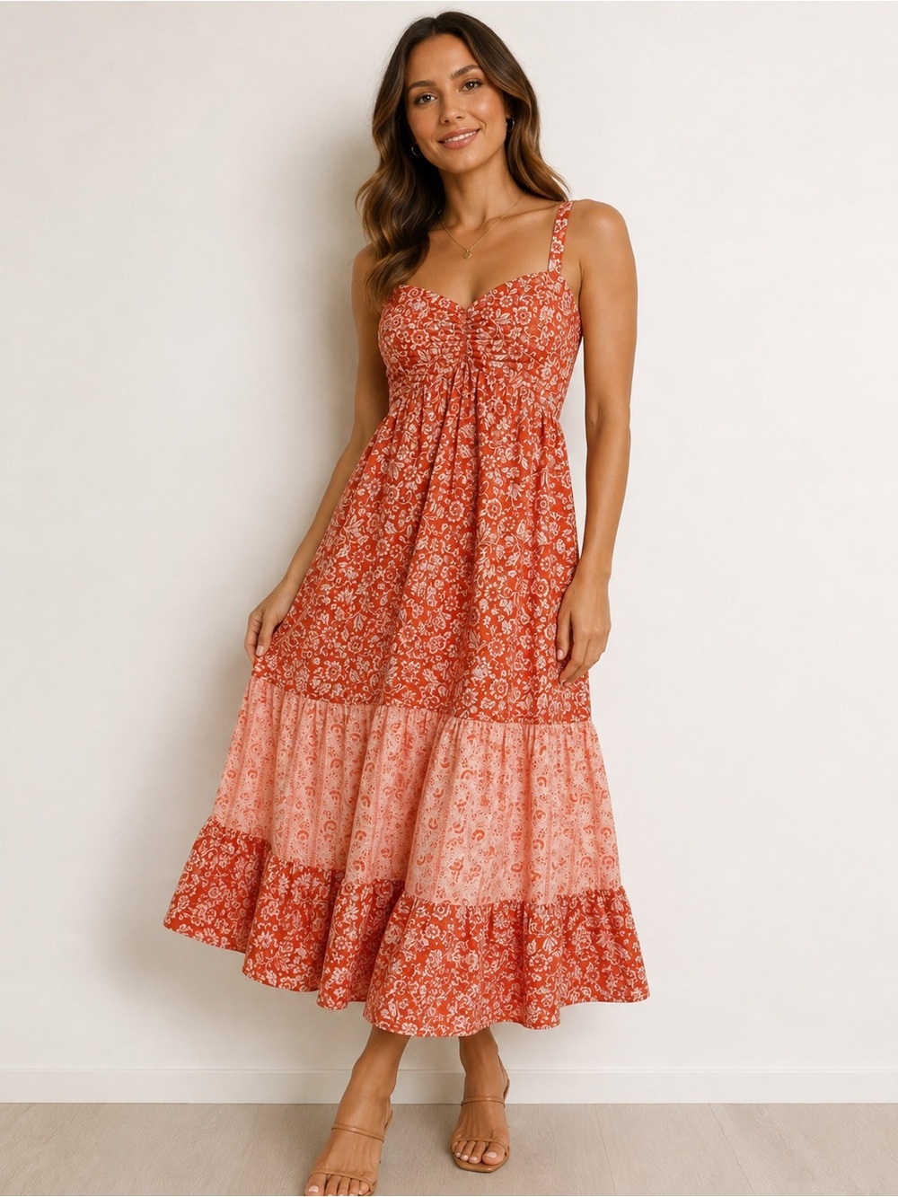 Band of the Free Floral Tiered Midi Dress Orange Cream Size L
